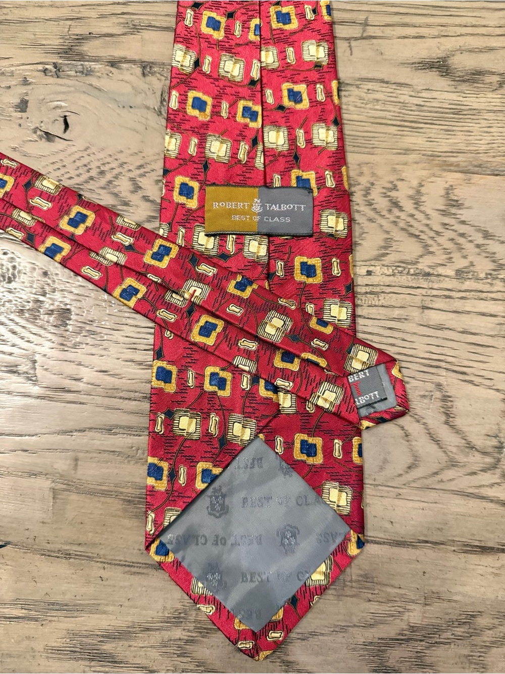 VINTAGE Robert Talbott Red Silk Tie with Gold and Blue Geometric Motif